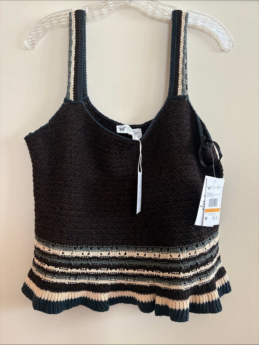 Jessica Simpson Crochet Knit Striped Hem Tank Top - Brown & Cream Size Large